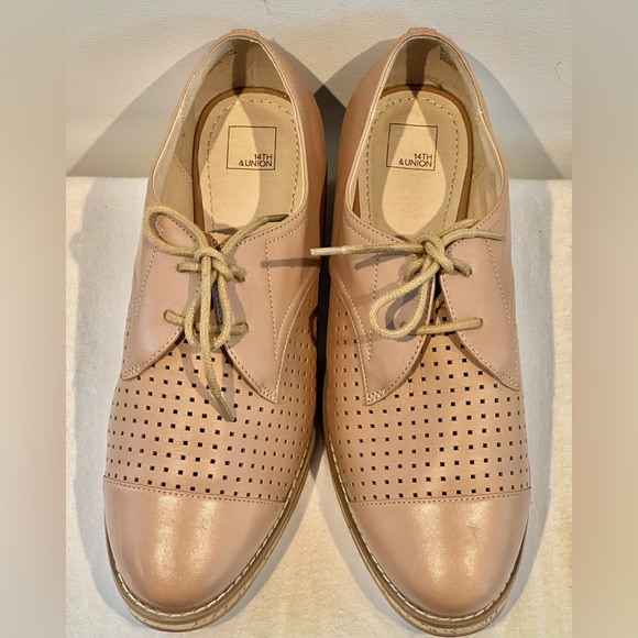14th & Union women's tan leather oxfords lace up cork detailing size 8W - Picture 2 of 6